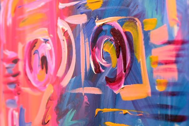 A painting by Camille Hayes depicts a colorful and graphic representation of a cassette tape at tiny ATH gallery in Athens, GA